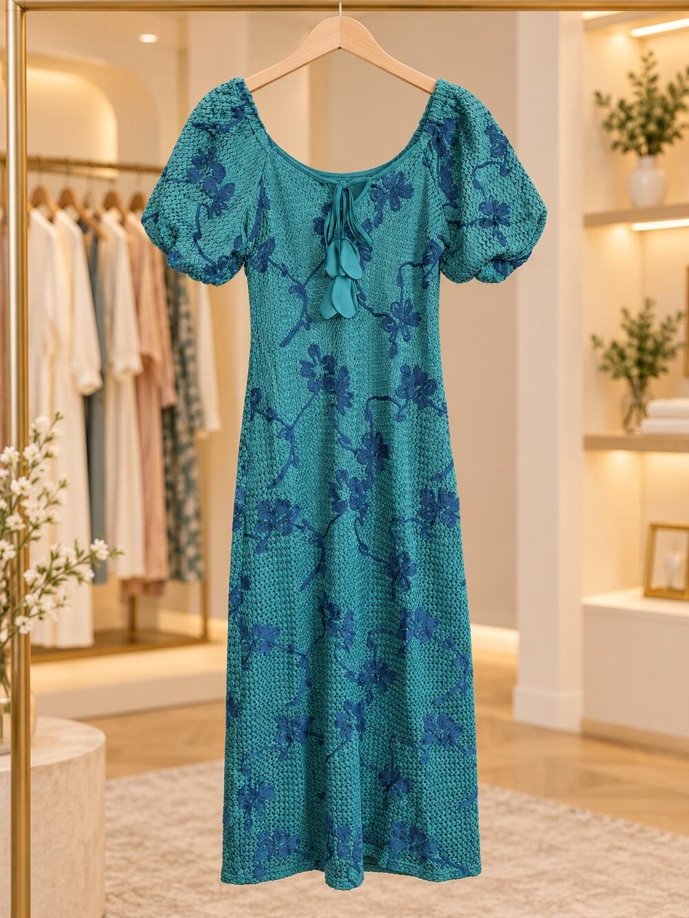 Adelyn Rae Anora Green Floral Embroidered Puff Sleeve Knit Midi Dress Small NWT